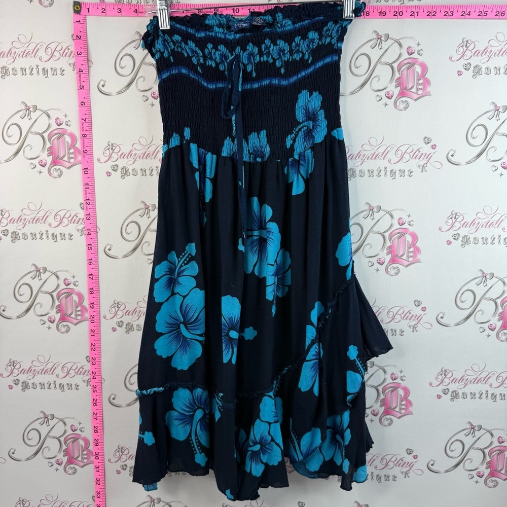 Y2k mini dress Hawaii Smocked Strapless Mini Dress in Black with Teal Floral